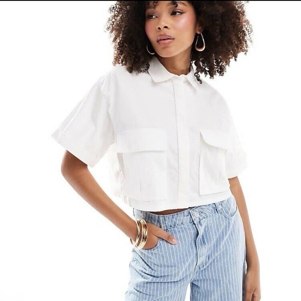 Zara White Button Down Crop Shirt Size Small